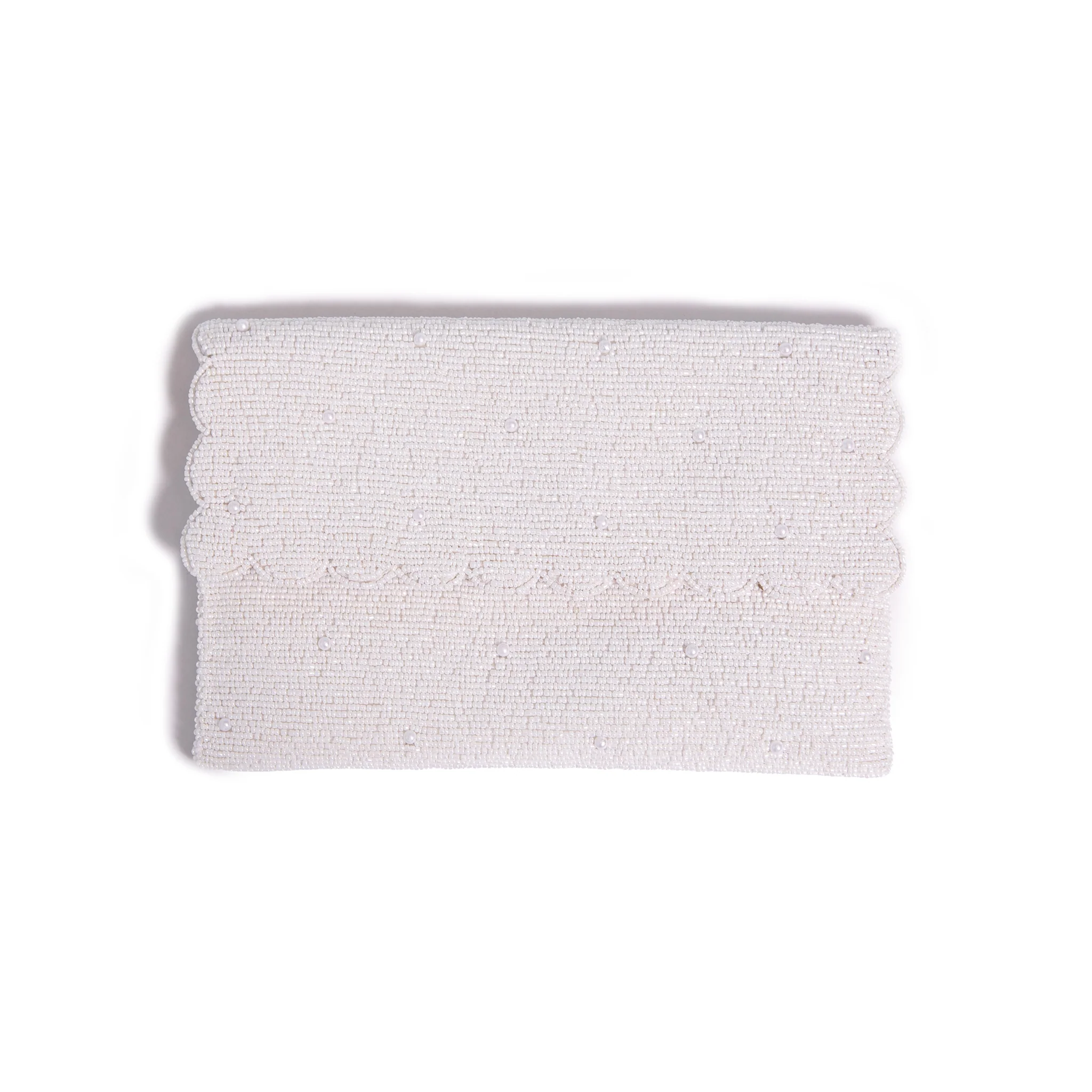 Scalloped Beaded Pearl Fold Over Clutch - White