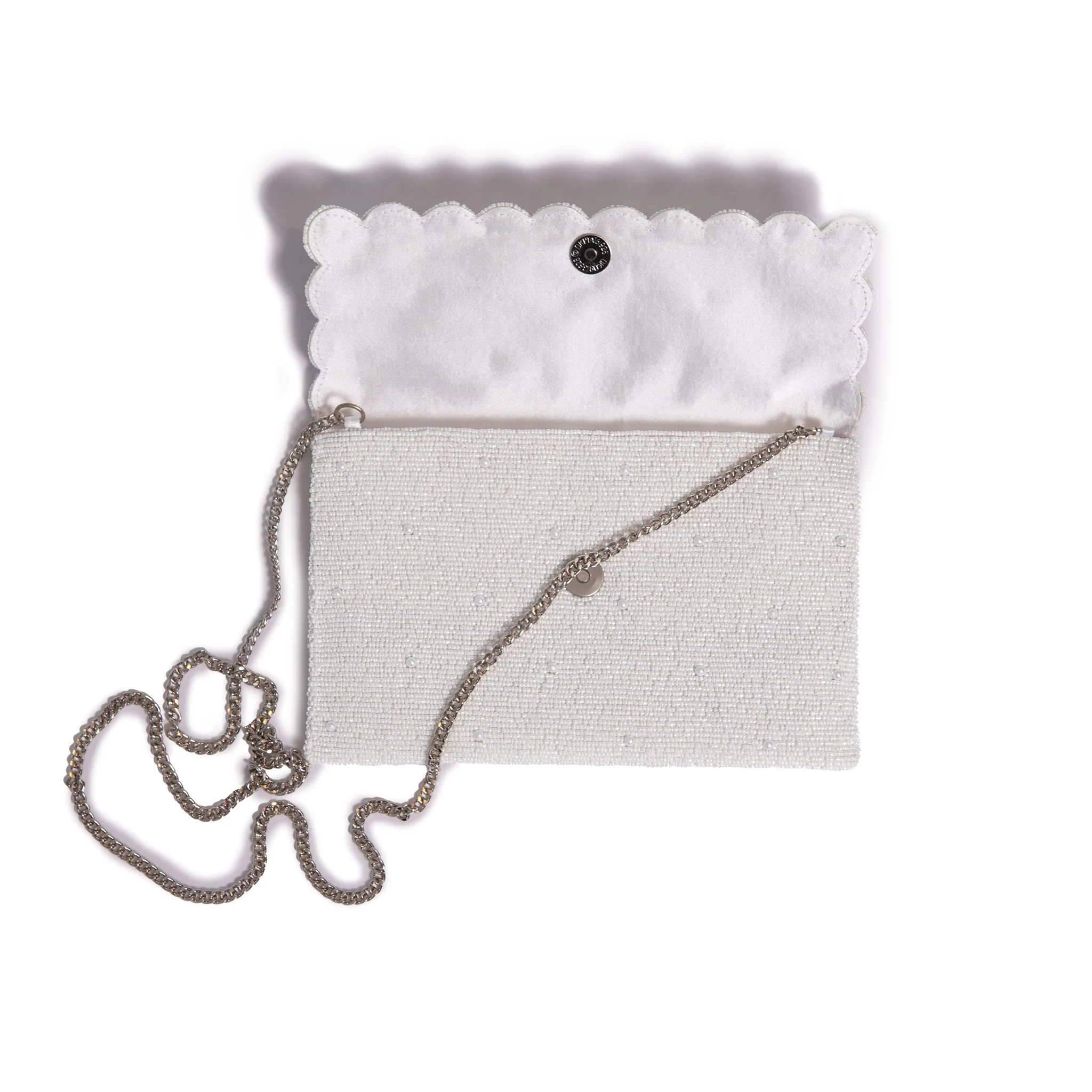 Scalloped Beaded Pearl Fold Over Clutch - White - Image 2