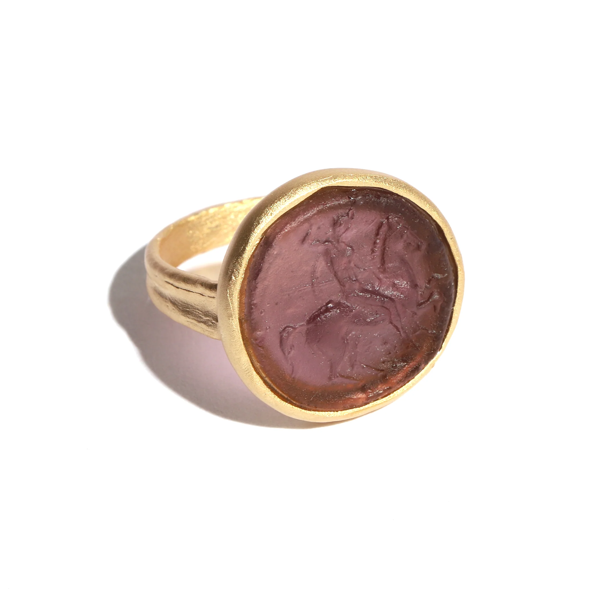 Glass Mounted Warrior Coin Motif Ring (Plum)