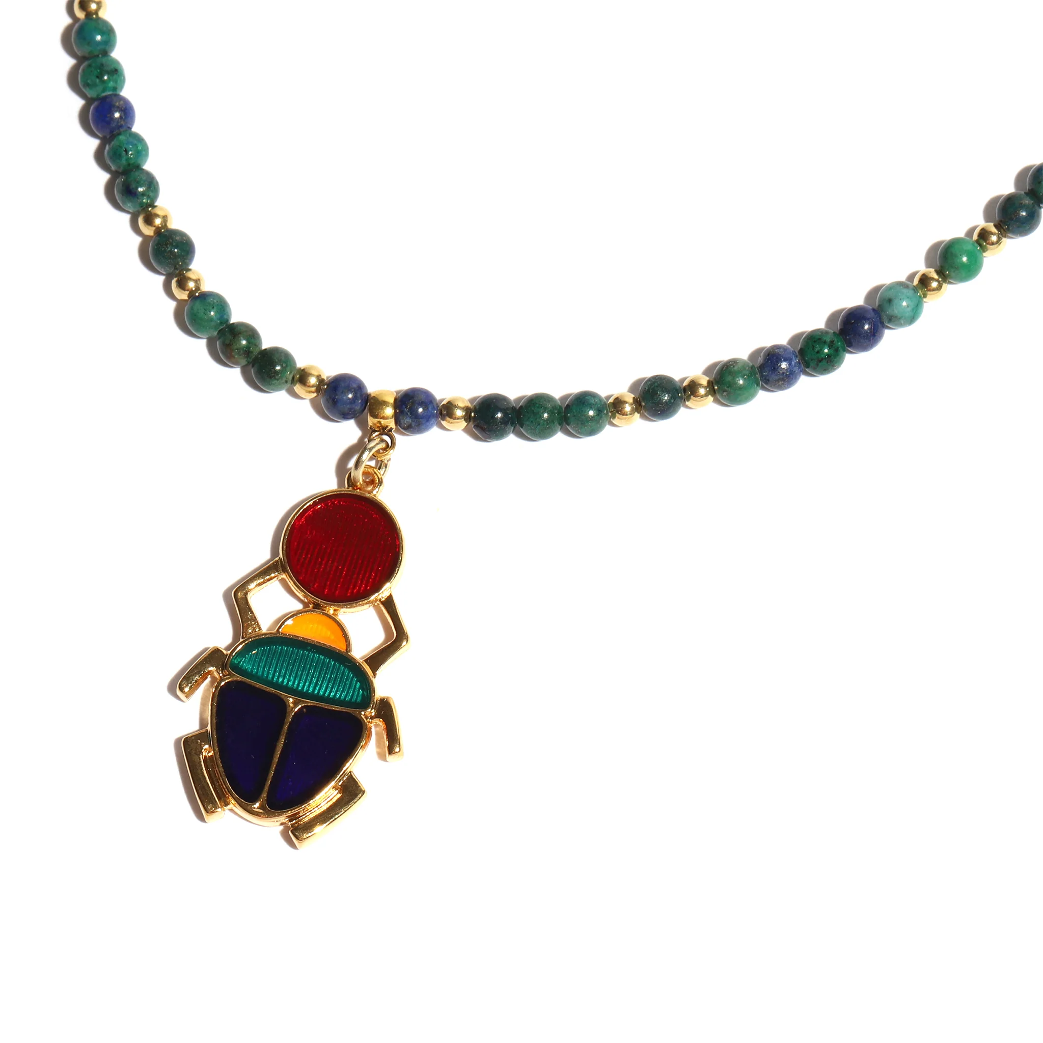Chrysocolla Bead Necklace with Enamel Scarab Pendant - Image 2